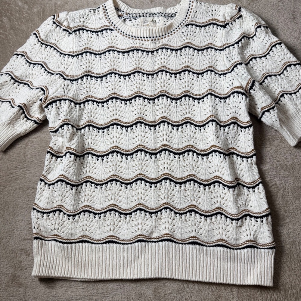 Marled Women Cream Pointelle Scalloped  Short Sleeve Sweater M Fall Earthy Boho
